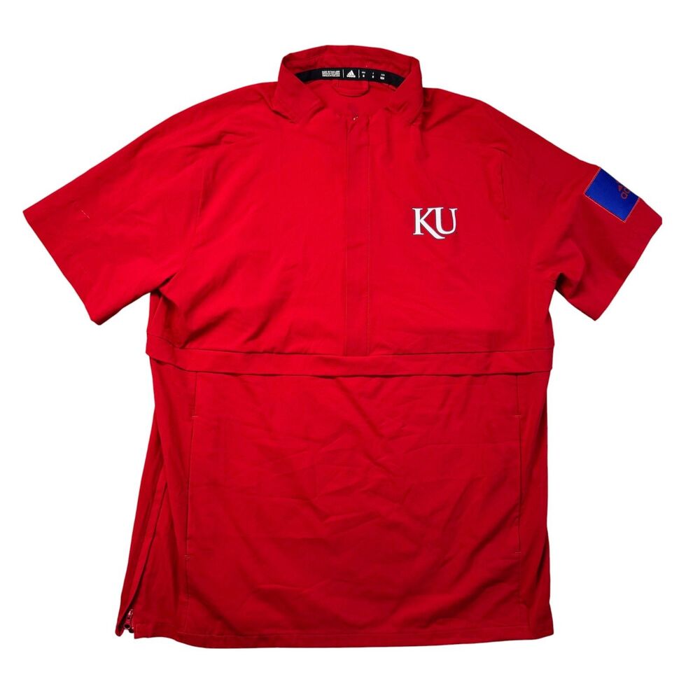 Kansas University Jayhawks Pullover Mens Medium Red Short Sleeve Adidas Jacket